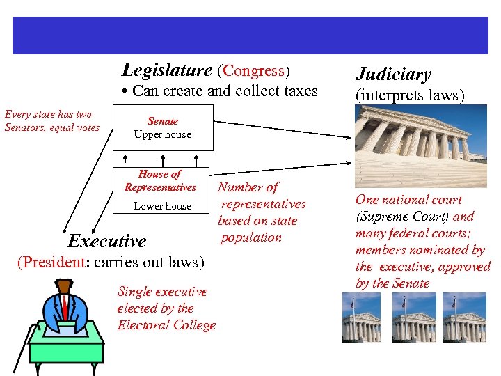 Legislature (Congress) • Can create and collect taxes Every state has two Senators, equal