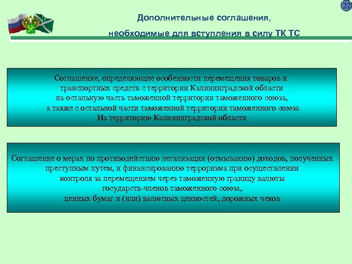 22 Дополнительные соглашения, необходимые для вступления в силу ТК ТС Соглашение, определяющее особенности перемещения