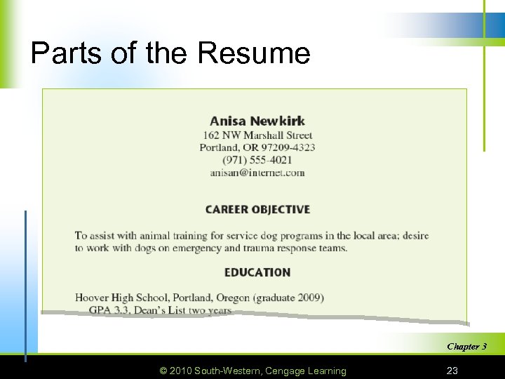 Parts of the Resume Chapter 3 © 2010 South-Western, Cengage Learning 23 