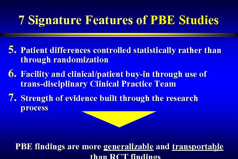 7 Signature Features of PBE Studies 5. Patient differences controlled statistically rather than through
