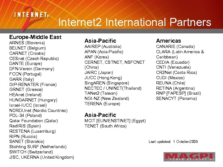 Internet 2 International Partners Europe-Middle East ARNES (Slovenia) BELNET (Belgium) CARNET (Croatia) CESnet (Czech