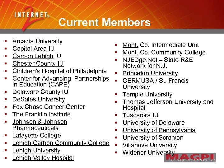 Current Members § § § § Arcadia University Capital Area IU Carbon Lehigh IU