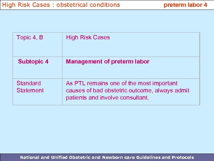 High Risk Cases : obstetrical conditions preterm labor 4 Topic 4, B High Risk