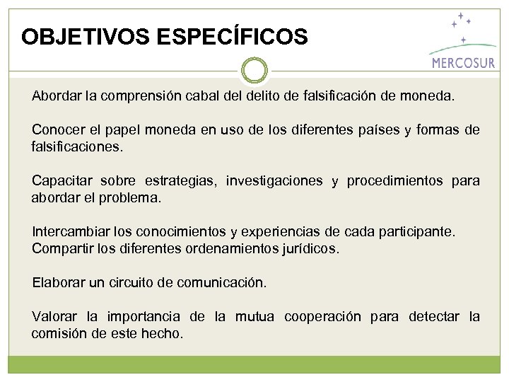 OBJETIVOS ESPECÍFICOS Abordar la comprensión cabal delito de falsificación de moneda. Conocer el papel