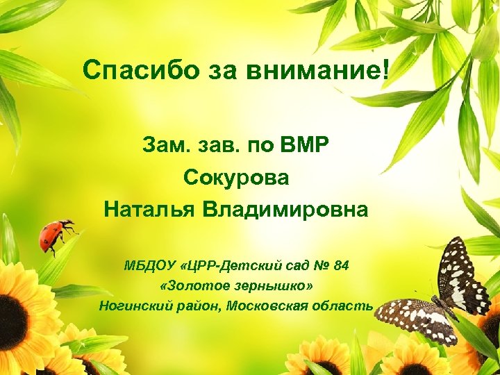 Спасибо за внимание! Зам. зав. по ВМР Сокурова Наталья Владимировна МБДОУ «ЦРР-Детский сад №