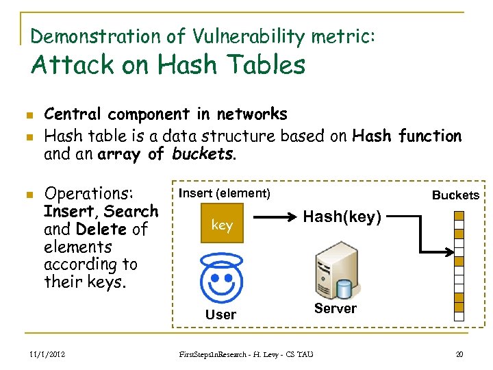 Demonstration of Vulnerability metric: Attack on Hash Tables n n n Central component in