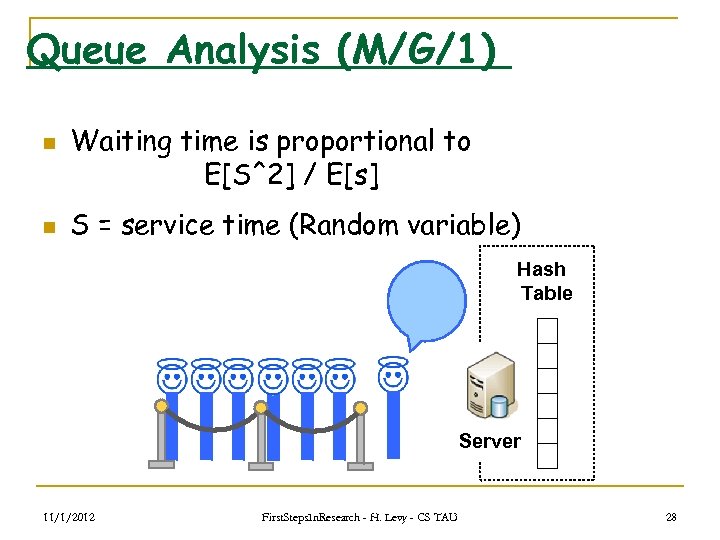 Queue Analysis (M/G/1) n n Waiting time is proportional to E[S^2] / E[s] S
