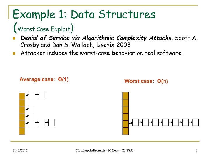 Example 1: Data Structures (Worst Case Exploit) n n Denial of Service via Algorithmic