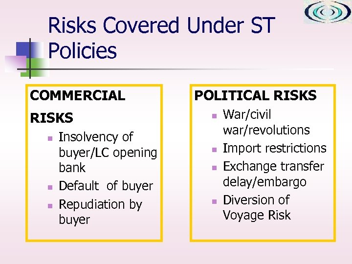 Risks Covered Under ST Policies COMMERCIAL RISKS n n n Insolvency of buyer/LC opening