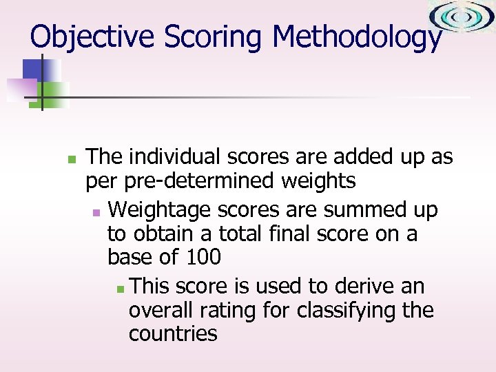 Objective Scoring Methodology n The individual scores are added up as per pre-determined weights