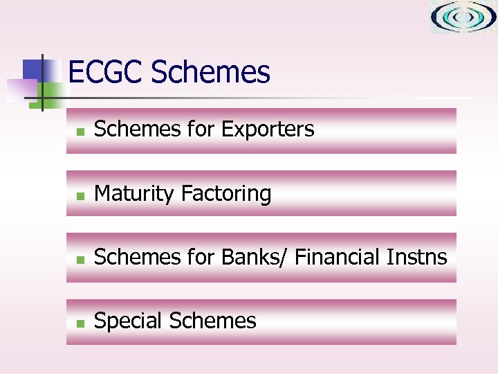 ECGC Schemes n Schemes for Exporters n Maturity Factoring n Schemes for Banks/ Financial