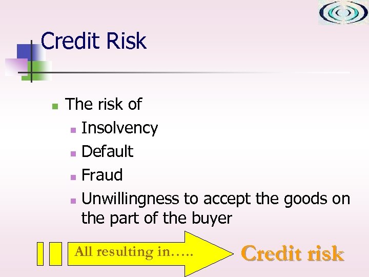 Credit Risk n The risk of n Insolvency n Default n Fraud n Unwillingness