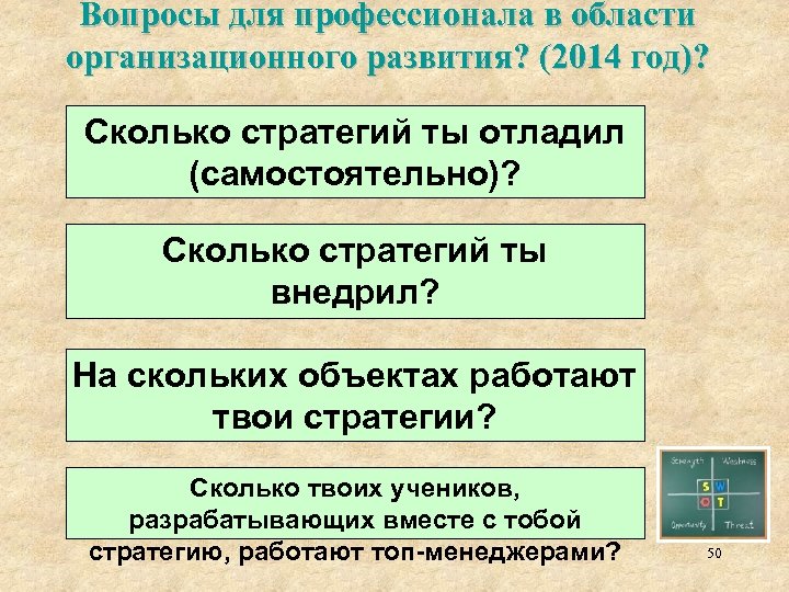 Вопросы для профессионала в области организационного развития? (2014 год)? Сколько стратегий ты отладил (самостоятельно)?