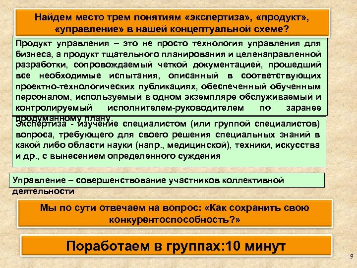 Найдем место трем понятиям «экспертиза» , «продукт» , «управление» в нашей концептуальной схеме? Продукт