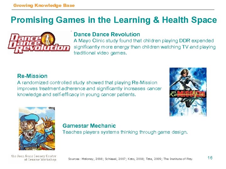 Growing Knowledge Base Promising Games in the Learning & Health Space Dance Revolution A