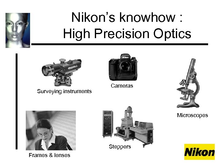 Nikon’s knowhow : High Precision Optics Surveying instruments Cameras Microscopes Steppers Frames & lenses