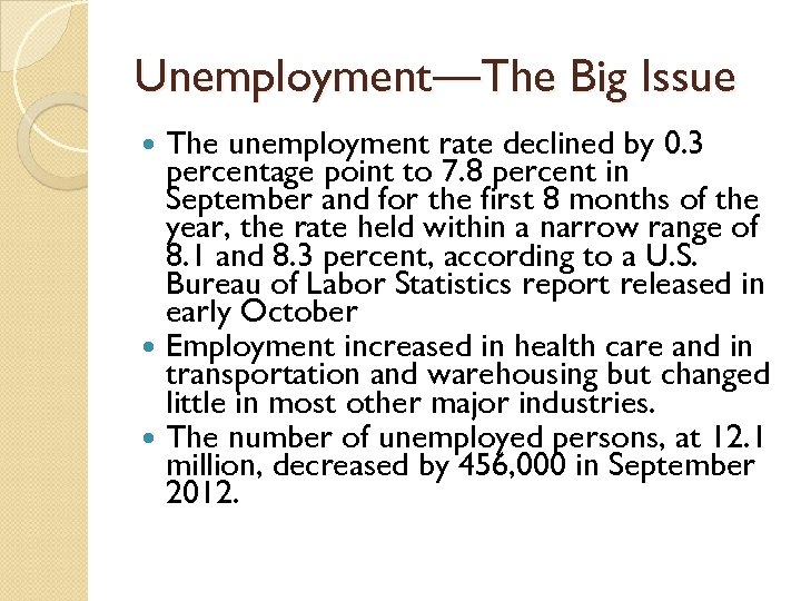 Unemployment—The Big Issue The unemployment rate declined by 0. 3 percentage point to 7.