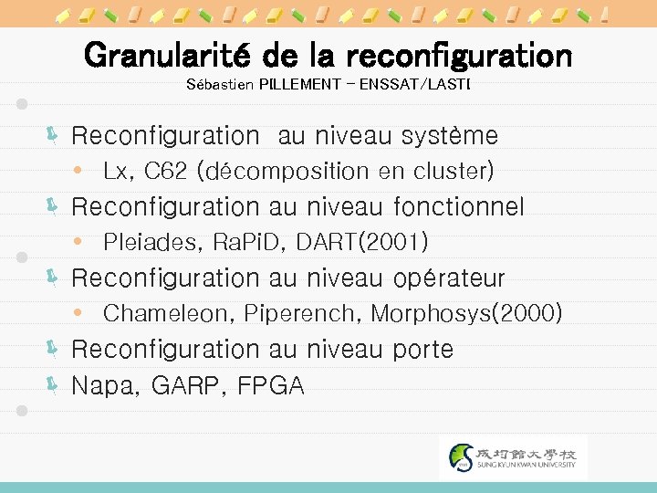 Granularité de la reconfiguration Sébastien PILLEMENT - ENSSAT/LASTI ë Reconfiguration au niveau système Lx,