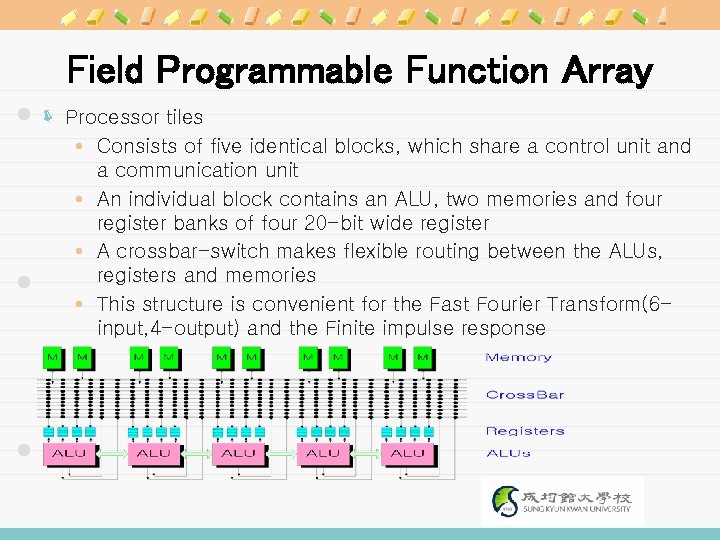 Field Programmable Function Array ë Processor tiles Consists of five identical blocks, which share