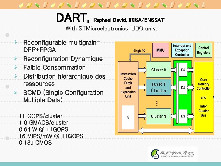 DART, Raphael David, IRISA/ENSSAT With STMicroelectronics, UBO univ. ë Reconfigurable multigrain= DPR+FPGA ë Reconfiguration