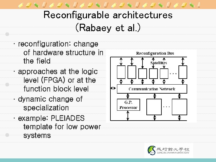 Reconfigurable architectures (Rabaey et al. ) · reconfiguration: change of hardware structure in the