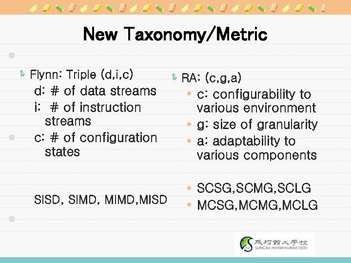 New Taxonomy/Metric ë Flynn: Triple (d, i, c) d: # of data streams i: