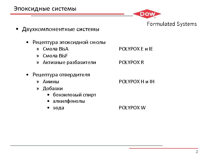 Эпоксидные системы • Двухкомпонентные системы • Рецептура эпоксидной смолы » Смола Bis. A »