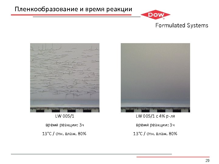 Пленкообразование и время реакции LW 005/1 с 4% р-ля время реакции: 3 ч 13°C