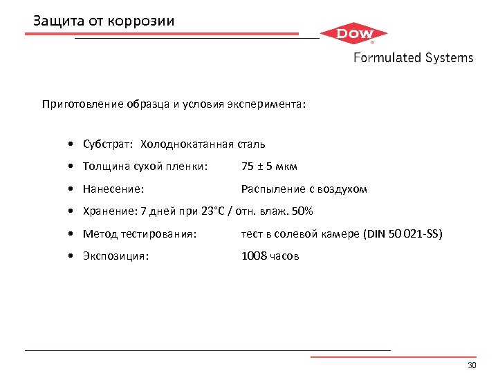 Защита от коррозии Приготовление образца и условия эксперимента: • Субстрат: Холоднокатанная сталь • Толщина