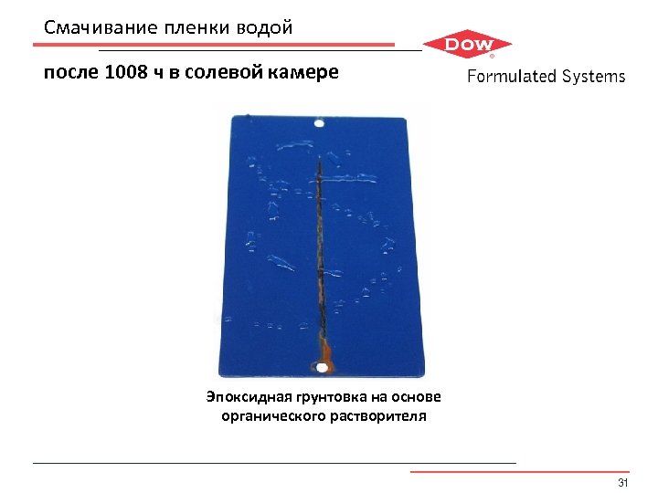 Смачивание пленки водой после 1008 ч в солевой камере Эпоксидная грунтовка на основе органического