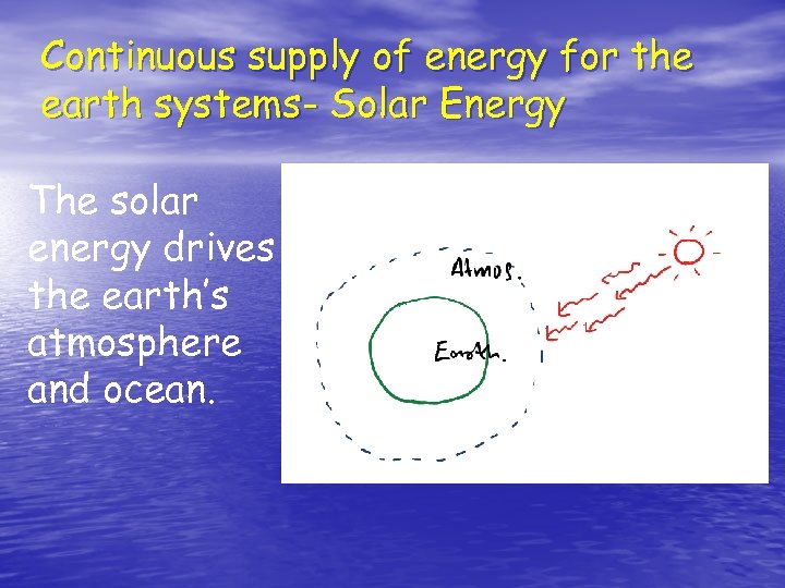 Continuous supply of energy for the earth systems- Solar Energy The solar energy drives