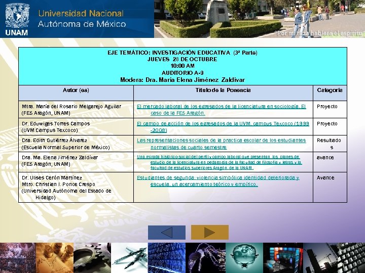 EJE TEMÁTICO: INVESTIGACIÓN EDUCATIVA (3ª Parte) JUEVES 28 DE OCTUBRE 10: 00 AM AUDITORIO