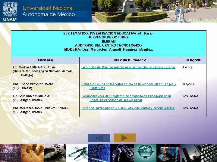 EJE TEMÁTICO: INVESTIGACIÓN EDUCATIVA (4ª. Parte) JUEVES 28 DE OCTUBRE 10: 00 AM AUDITORIO