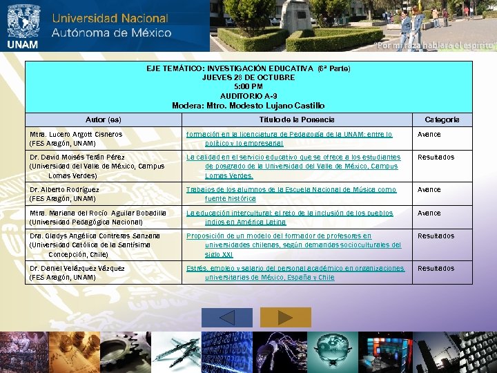 EJE TEMÁTICO: INVESTIGACIÓN EDUCATIVA (6ª Parte) JUEVES 28 DE OCTUBRE 5: 00 PM AUDITORIO