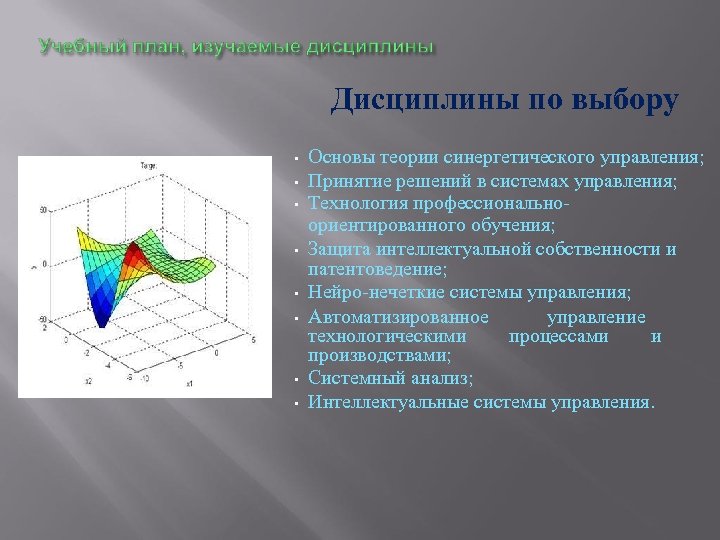 Дисциплины по выбору • • Основы теории синергетического управления; Принятие решений в системах управления;