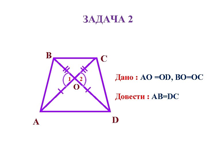 ЗАДАЧА 2 В С 1 2 Дано : АО =ОD, ВО=ОС О Довести :