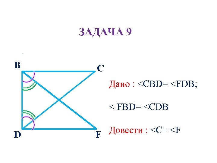 ЗАДАЧА 9 В С Дано : <CBD= <FDB; < FBD= <CDB D Довести :