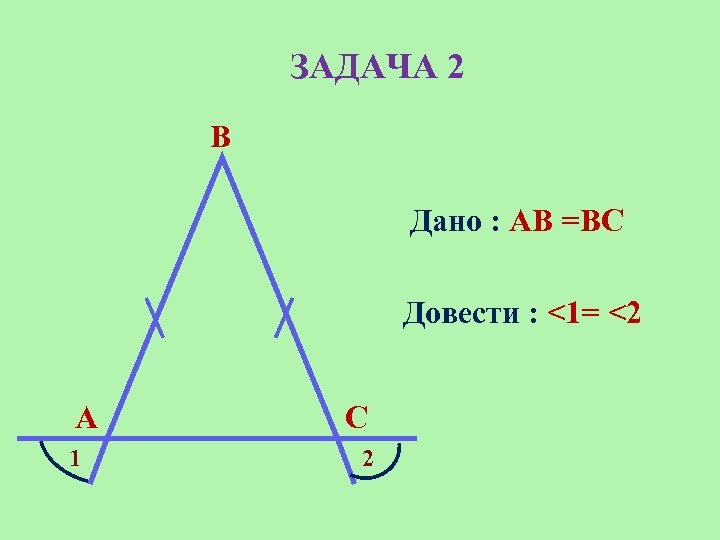 ЗАДАЧА 2 В Дано : АB =BC Довести : <1= <2 А 1 С