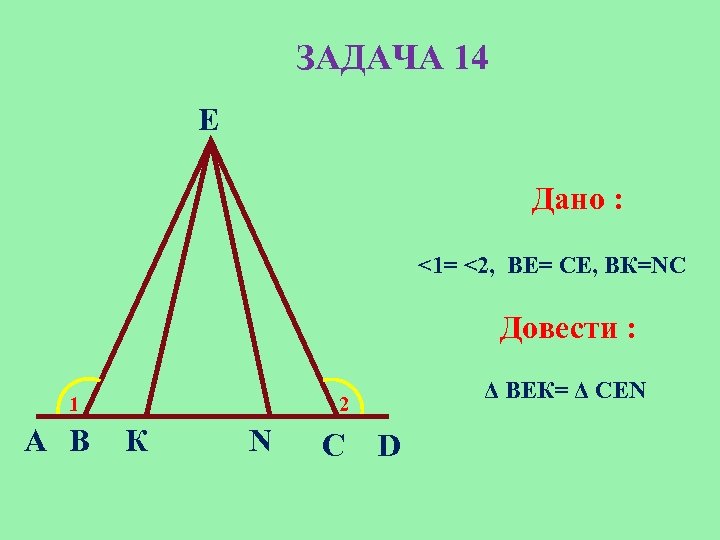 ЗАДАЧА 14 Е Дано : <1= <2, BE= СE, BК=NC Довести : 1 A