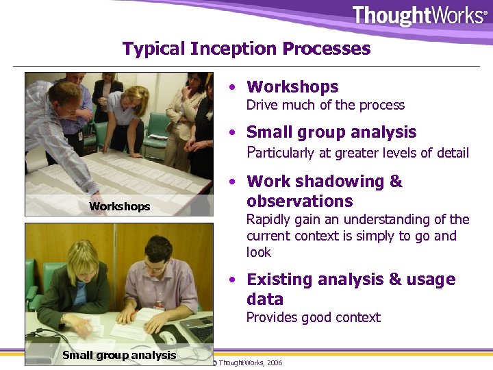 Typical Inception Processes • Workshops Drive much of the process • Small group analysis