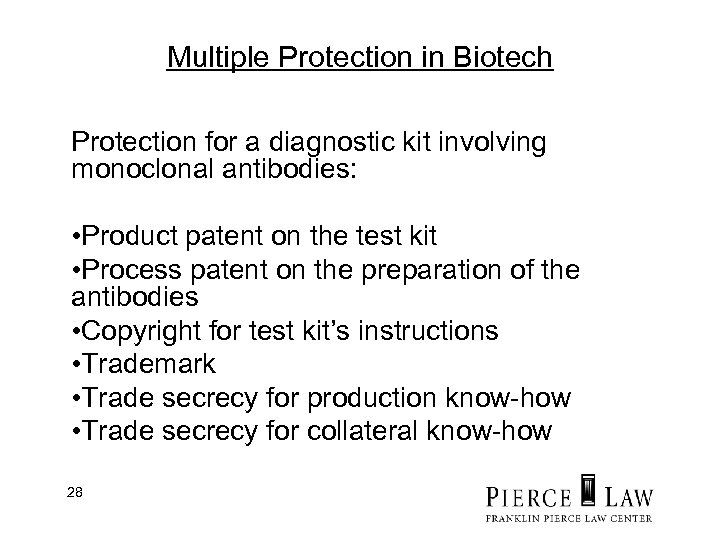 Multiple Protection in Biotech Protection for a diagnostic kit involving monoclonal antibodies: • Product