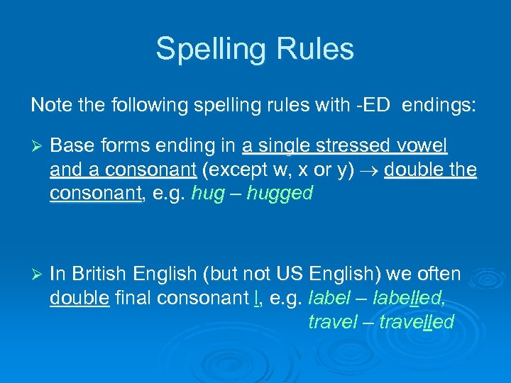 Spelling Rules Note the following spelling rules with -ED endings: Ø Base forms ending