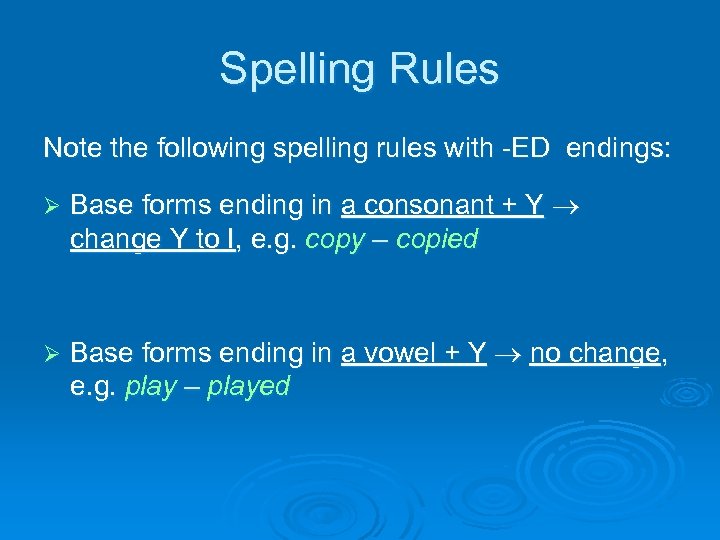 Spelling Rules Note the following spelling rules with -ED endings: Ø Base forms ending
