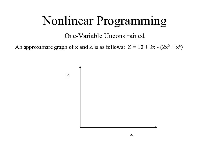 Nonlinear Programming One-Variable Unconstrained An approximate graph of x and Z is as follows: