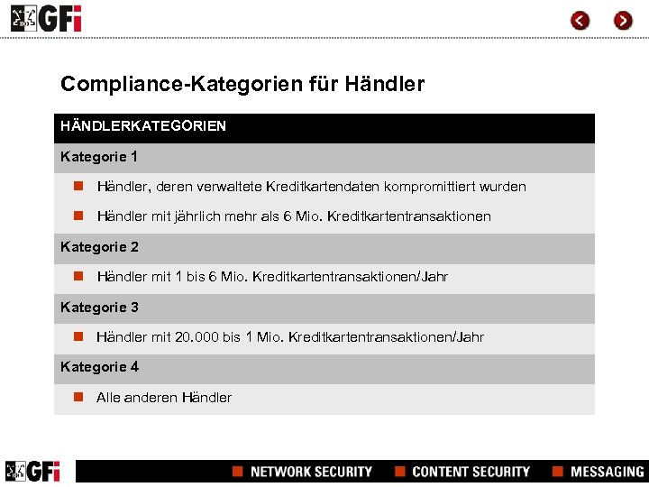 Compliance-Kategorien für Händler HÄNDLERKATEGORIEN Kategorie 1 n Händler, deren verwaltete Kreditkartendaten kompromittiert wurden n