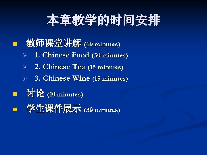 本章教学的时间安排 n 教师课堂讲解 (60 minutes) Ø Ø Ø 1. Chinese Food (30 minutes) 2.