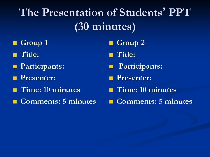The Presentation of Students’ PPT (30 minutes) n n n Group 1 Title: Participants: