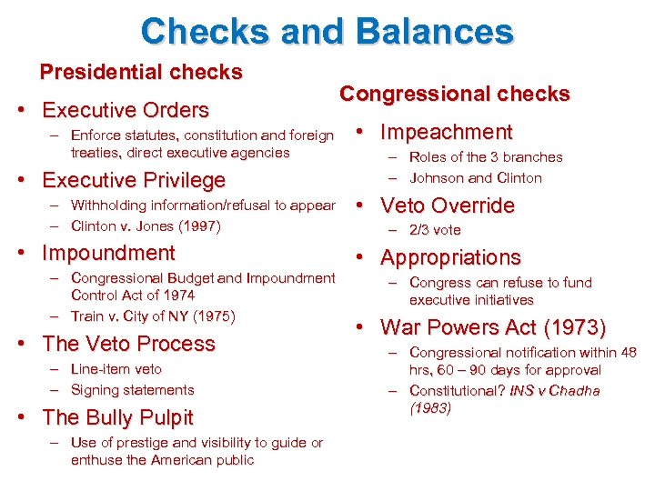 Checks and Balances Presidential checks • Executive Orders – Enforce statutes, constitution and foreign