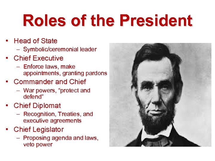 Roles of the President • Head of State – Symbolic/ceremonial leader • Chief Executive