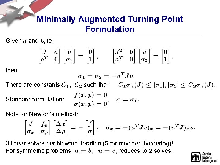 Minimally Augmented Turning Point Formulation Given and , let then There are constants such